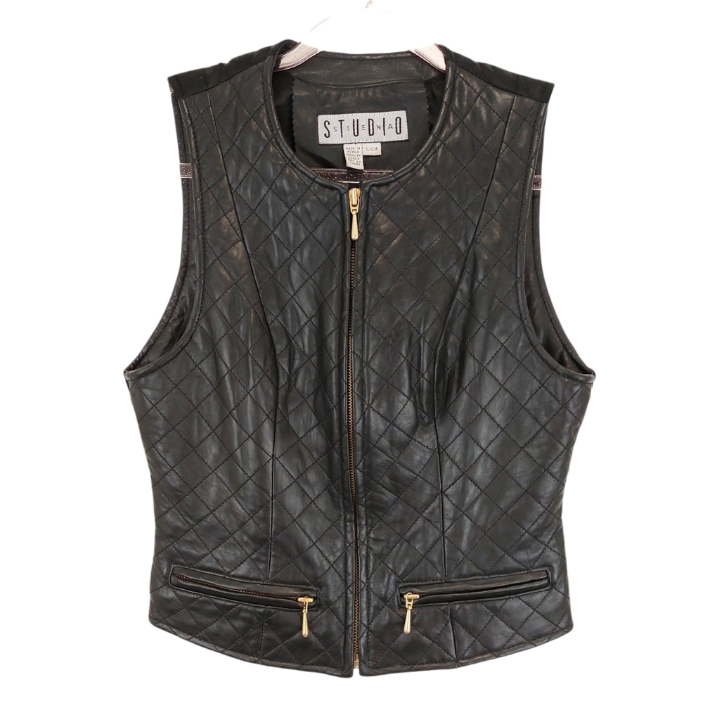 90s Y2K Vintage 100% Leather Quilted Diamond Stitch Vest Jacket